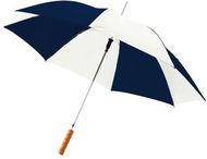 23" Lisa-sateenvarjo puukahvalla, automaattisesti avautuva, valkoinen, tummansininen liikelahja logopainatuksella
